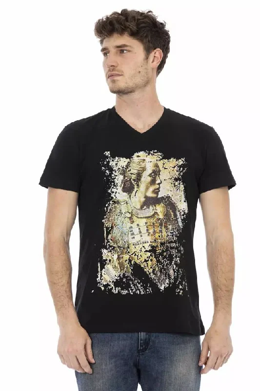 Black Cotton Men T-shirt-- Hooded Caped Shawl Collar