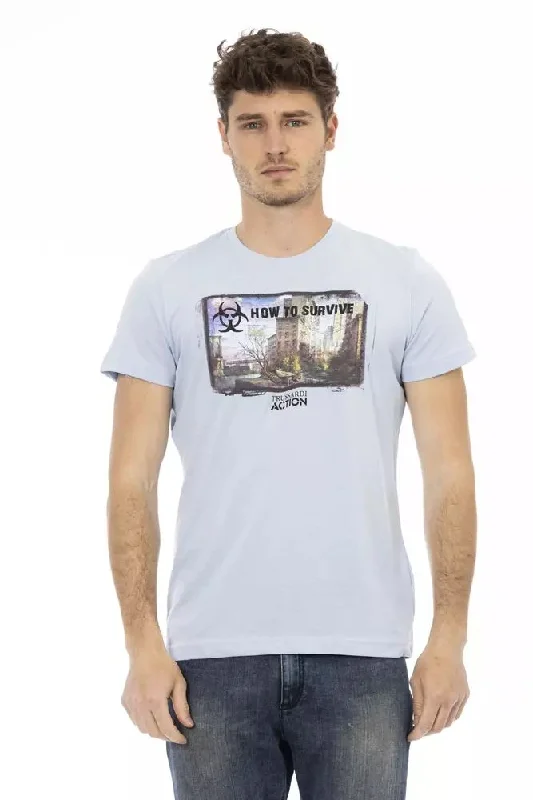 Light Blue Cotton Men T-shirt-- Graphic T-Shirt Round Neck Polyester