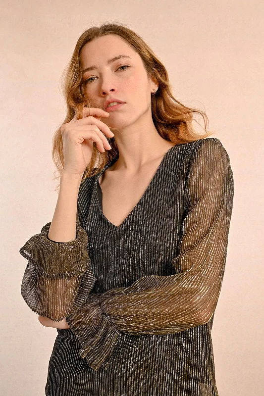 SHEER LONG SLEEVE VNECK BLOUSE - GOLD Modern Work Blouse