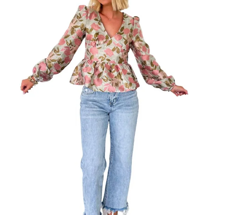 Gisel Jacquard Blouse In Pink Floral Ruffled Neck Blouse