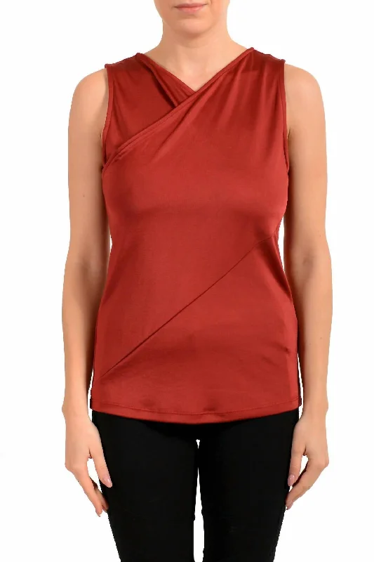 Ecasi2 Stretch Sleeveless Faux Wrap Blouse In Red Semi-Sheer Blouse