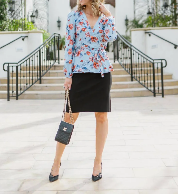 Send Flowers Blouse In Light Blue Floral Silky Draped Blouse
