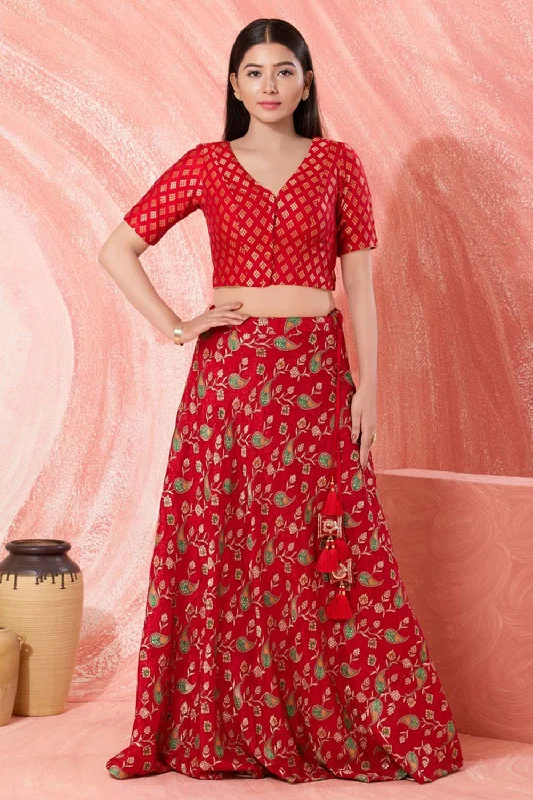 Red Brocade V-Neck Elbow Sleeves Blouse Floral Chiffon Blouse