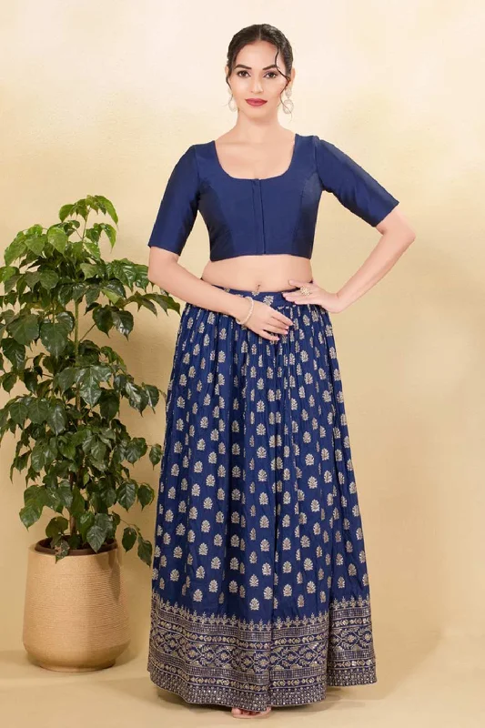 Navy Blue Brocade Woven Elbow Sleeves Blouse High Neck Blouse
