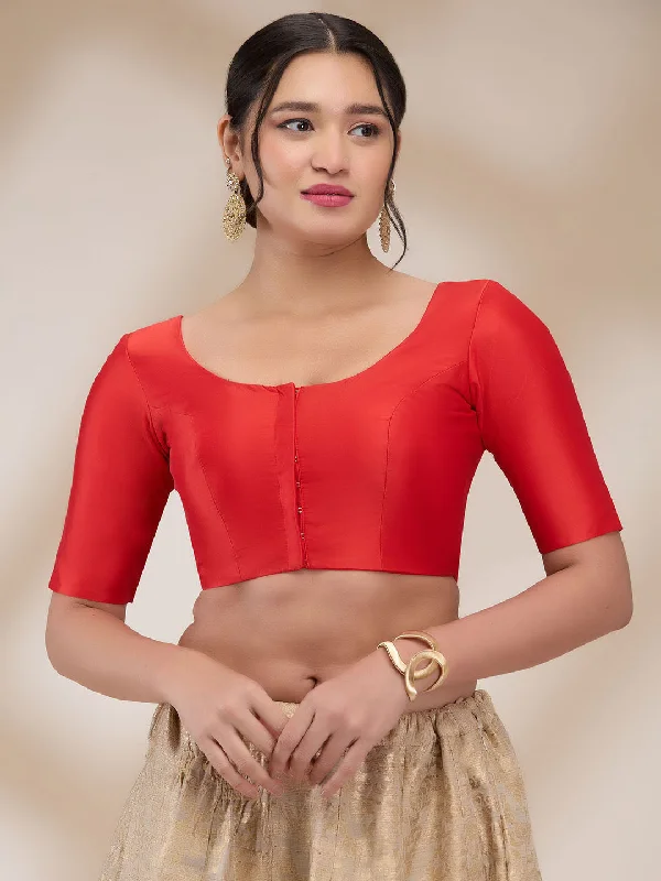 Red Silk Blend Solid Half Sleeves Blouse Vintage Polka Blouse