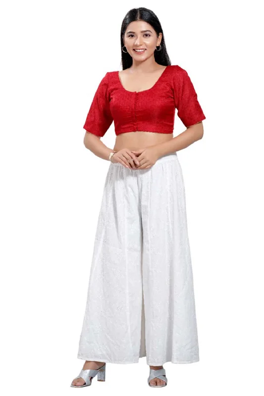 Red Jacquard Round Neck Elbow Sleeves Blouse Classic Minimalist Blouse