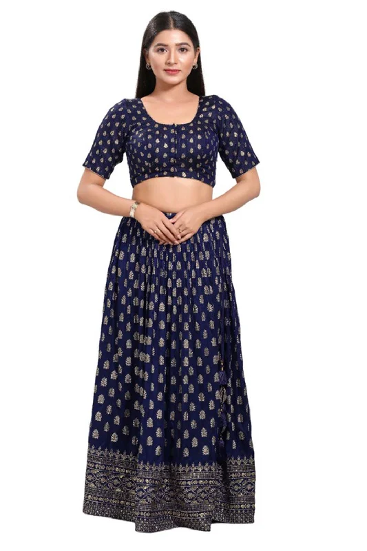 Navy Blue Brocade Round Neck Elbow Sleeves Blouse Chic Sleeveless Blouse