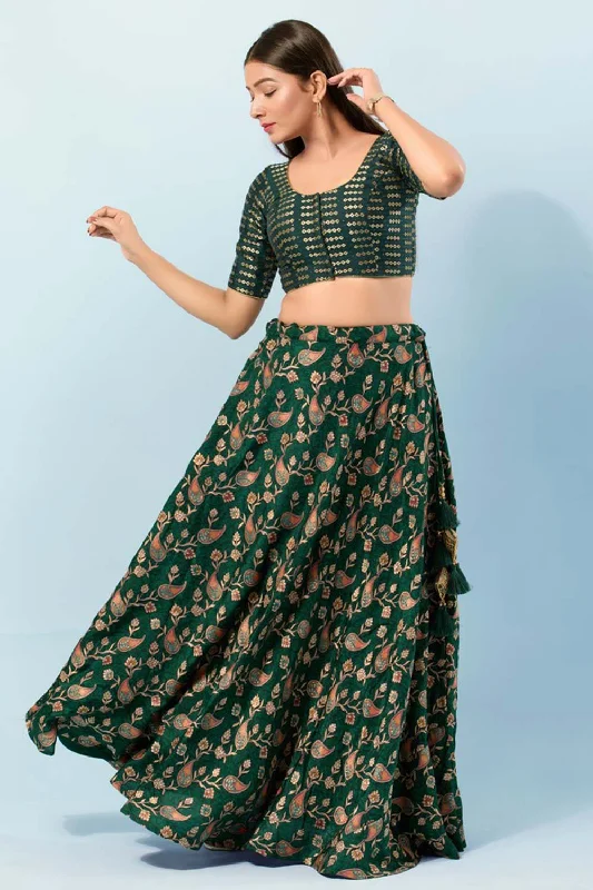 Bottle Green Brocade Round Neck Elbow Sleeves Blouse Feminine Tie Blouse