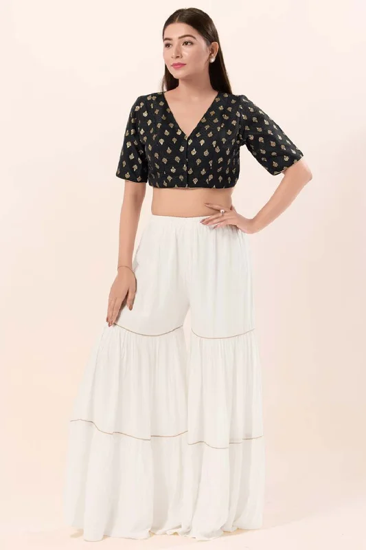 Black Brocade V-Neck Elbow Sleeves Blouse Playful Puff Blouse