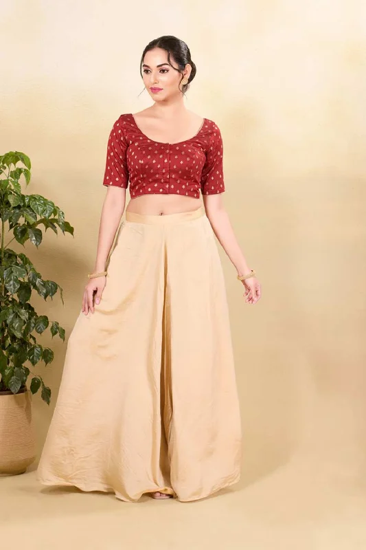 Red Silk Embroidered Elbow Sleeves Blouse Ruched Sleeve Blouse