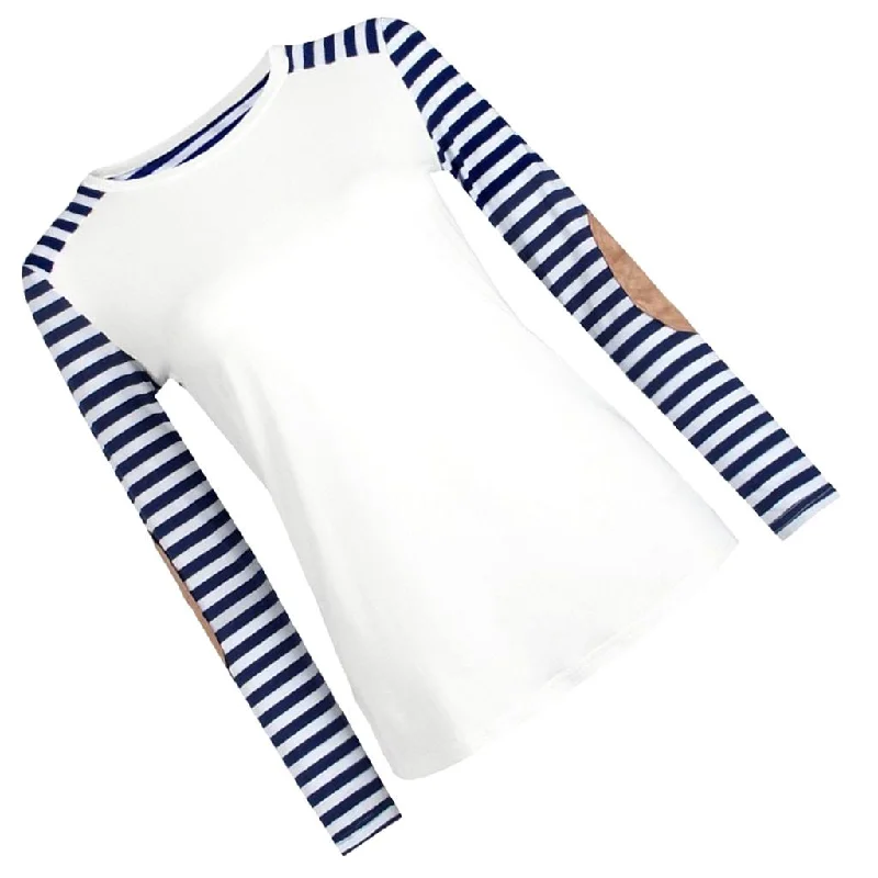 Round Neck Striped Long Sleeve T-Shirt Elbow Patch Tops for Women S-- Solid Color Striped Floral Round Neck Striped Long Sleeve T-Shirt Elbow Patch Tops for Women S-- Solid Color Striped Floral