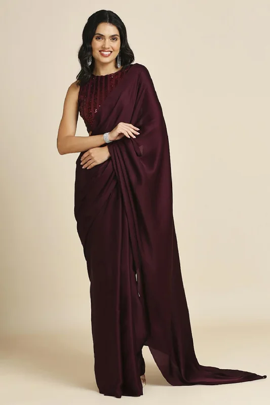 Wine Burfi Silk Saree With Lycra Sequins Unstitch Blouse Drape Neck Blouse