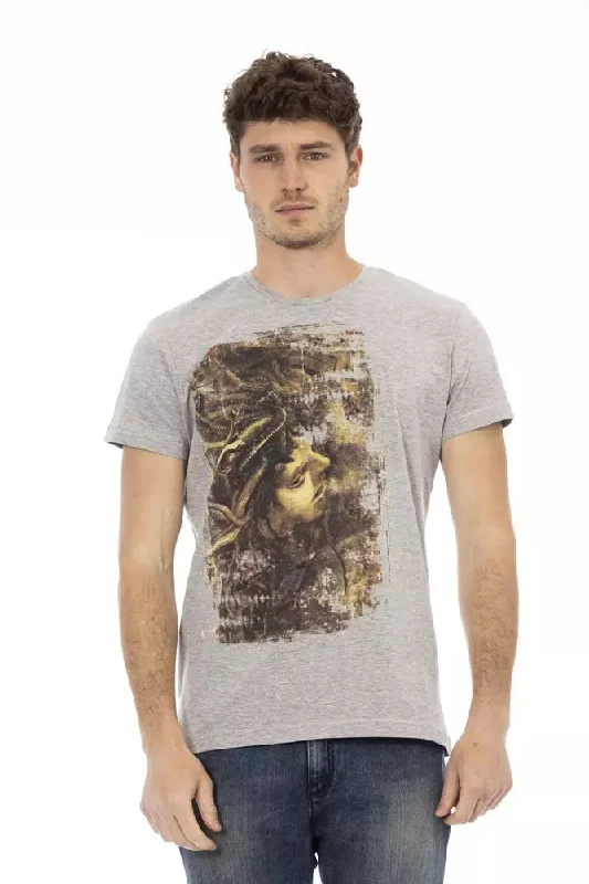 Gray Cotton Men T-shirt-- Real Fur Shearling Chenille