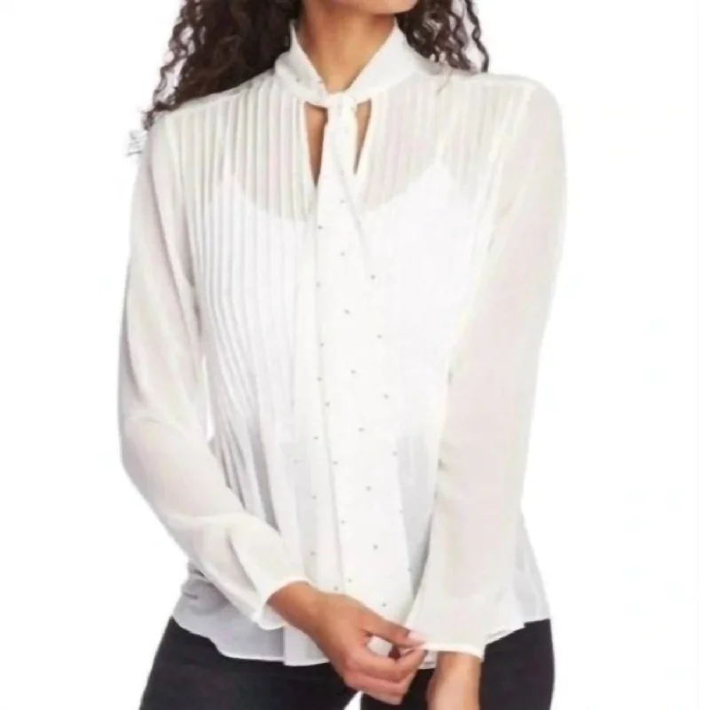 Sheer Drapey Neck Tie Studs Long Sleeve Blouse In White Silky Tunic Blouse