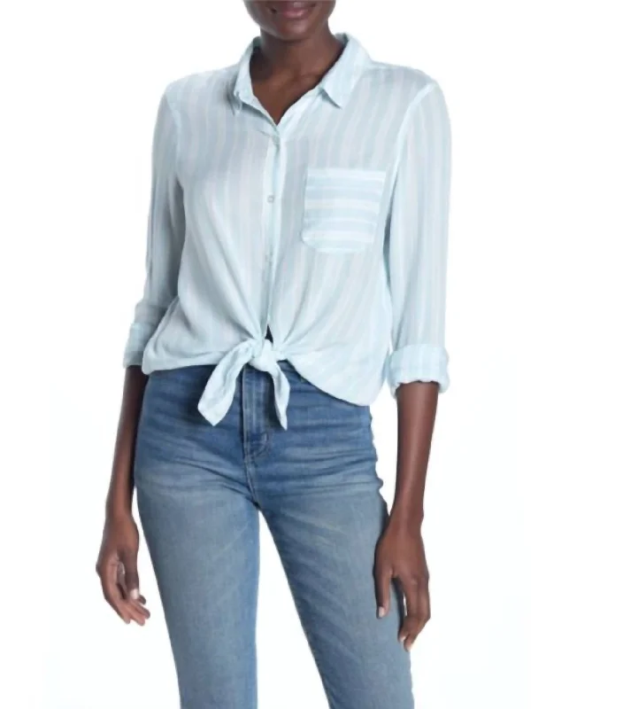 Striped Tie Front Long Sleeve Weekend Button Down Blouse In Blue Business Casual Blouse