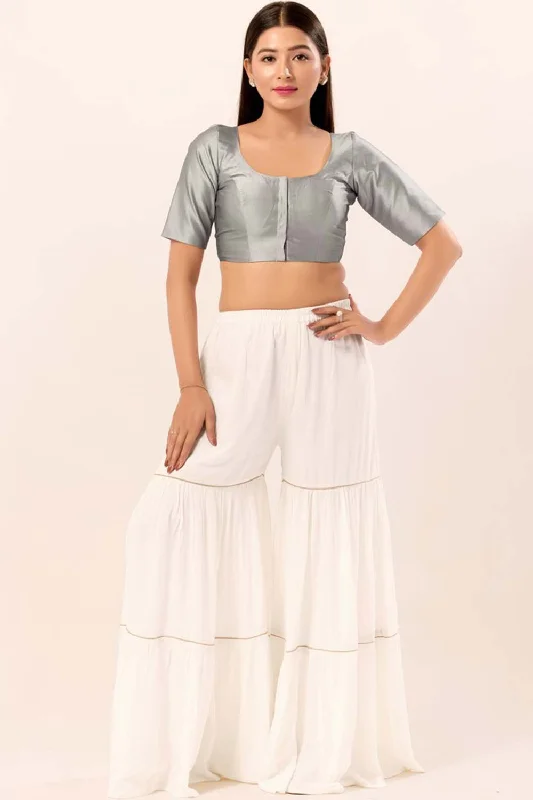Grey Brocade Round Neck Elbow Sleeves Blouse Elegant Silk Blouse