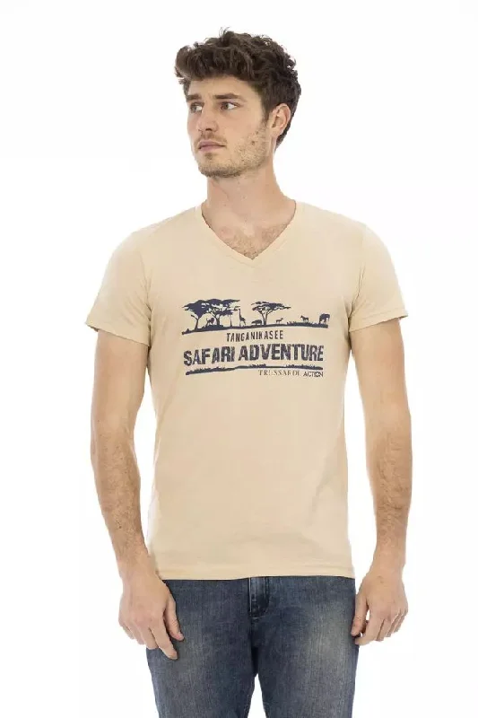 Beige Cotton Men T-shirt-- Fleece Nylon Spandex