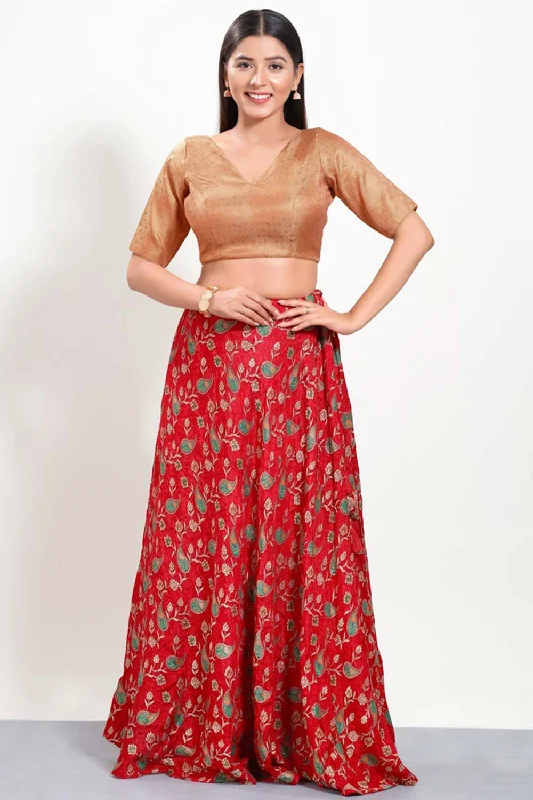 Copper Brocade V-Neck Elbow Sleeves Blouse Silky Draped Blouse