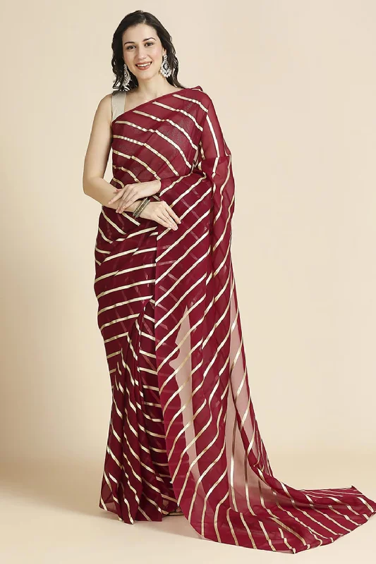 Wine Kota Leheriya Organza Saree With Shimmer Unstitch Blouse Sleeveless Summer Blouse