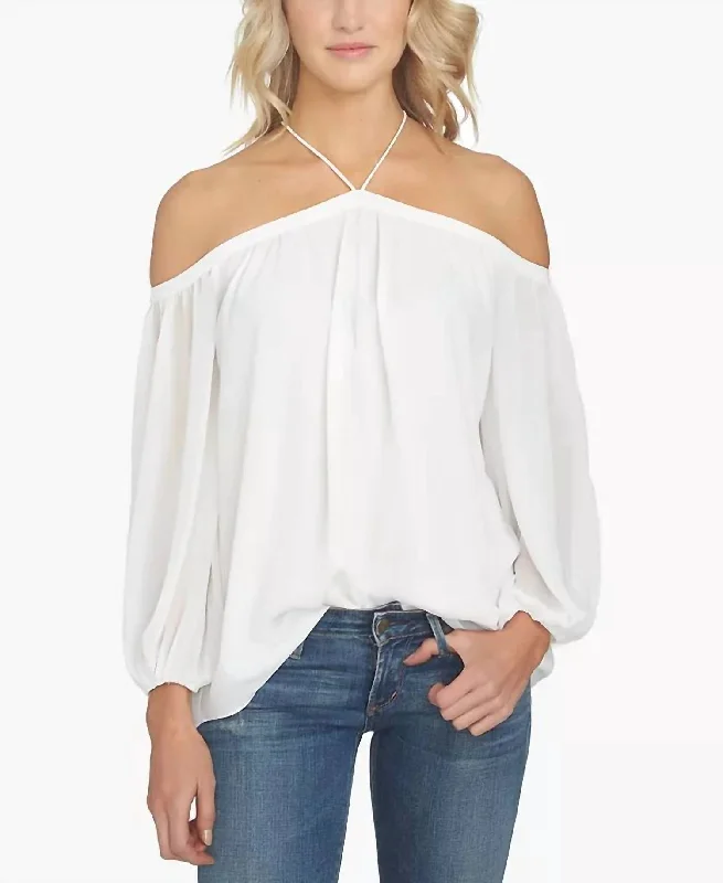 Off The Shoulder Cold Shoulders Halter Neck Blouse In White Chic Ruffle Blouse