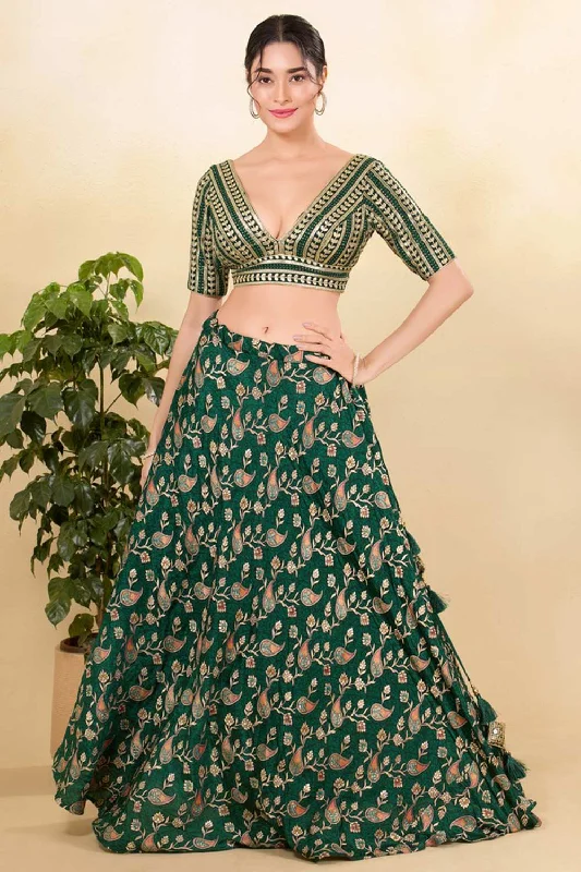 Bottle Green Silk Embroidered Elbow Sleeves Blouse Sweetheart Neck Blouse