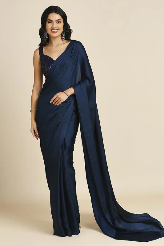 Blue Burfi Silk Saree With Lycra Sequins Unstitch Blouse Feminine Tie Blouse