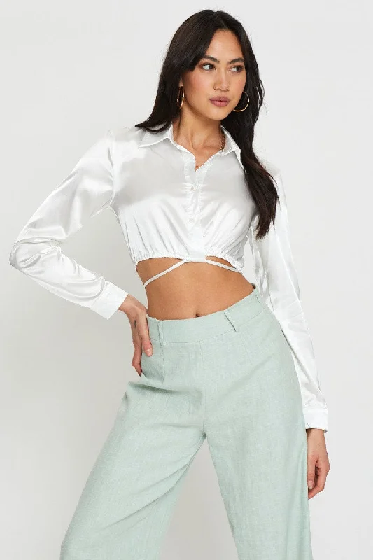 White Wrap Blouse Long Sleeve Collared Satin Casual Stripe Blouse