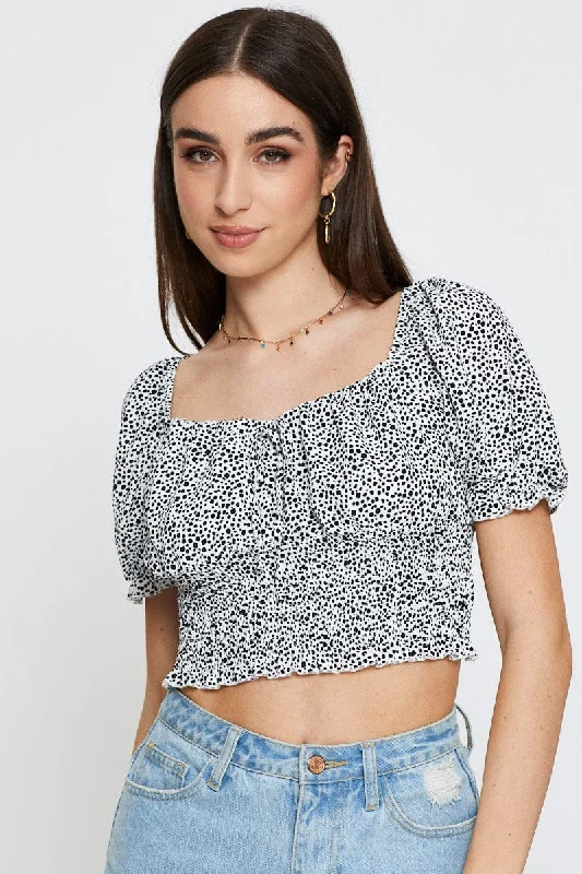 Geo Print Peasant Blouse Short Sleeve Off Shoulder Feminine Puff Blouse