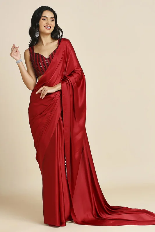 Red Burfi Silk Saree With Lycra Sequins Unstitch Blouse Boho Printed Blouse
