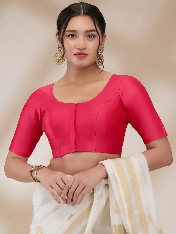 Tomato Pink Silk Blend Solid Half Sleeves Blouse Cotton Casual Blouse