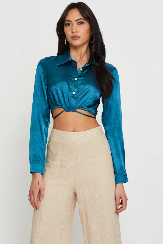 Blue Wrap Blouse Long Sleeve Collared Satin Balloon Sleeve Blouse