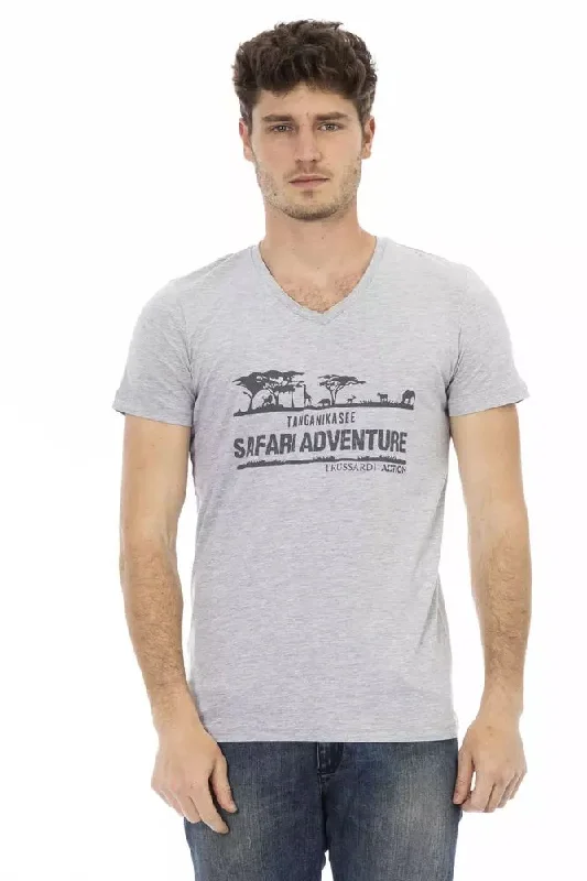 Gray Cotton Men V-neck T-shirt-- Chenille Blend Fleece Blend Nylon Blend