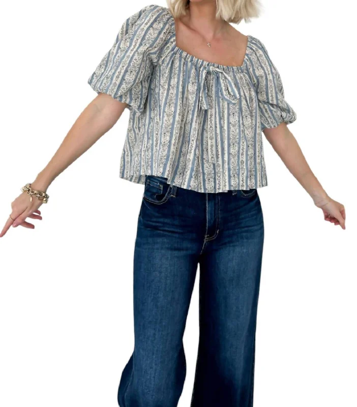 Talk It Over Stripe Blouse Top In Blue Floral Gathered Detail Blouse