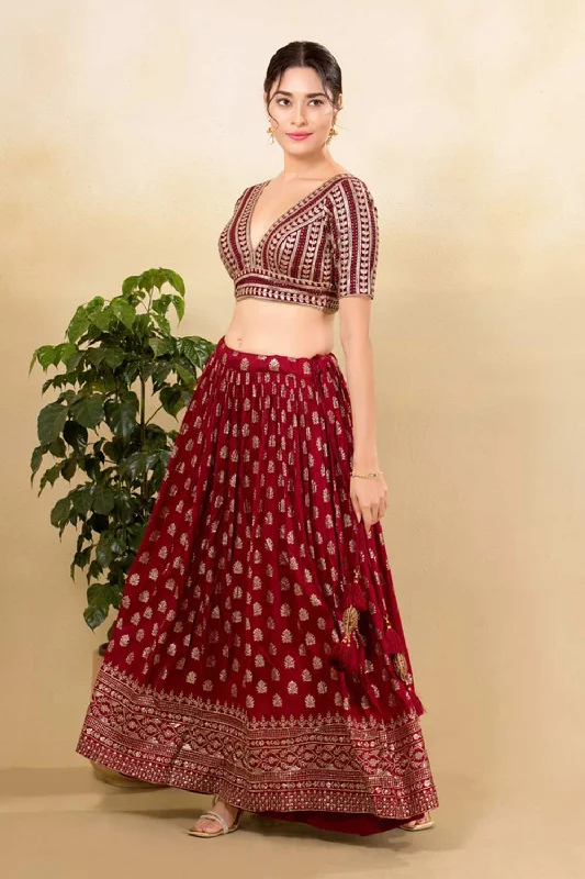 Maroon Silk Embroidered Elbow Sleeves Blouse Embroidered Cotton Blouse