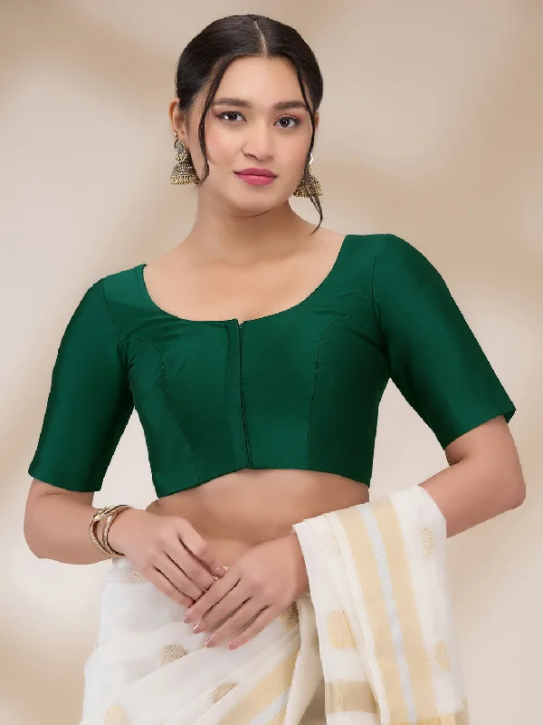 Bottle Green Silk Blend Solid Half Sleeves Blouse Peter Pan Blouse