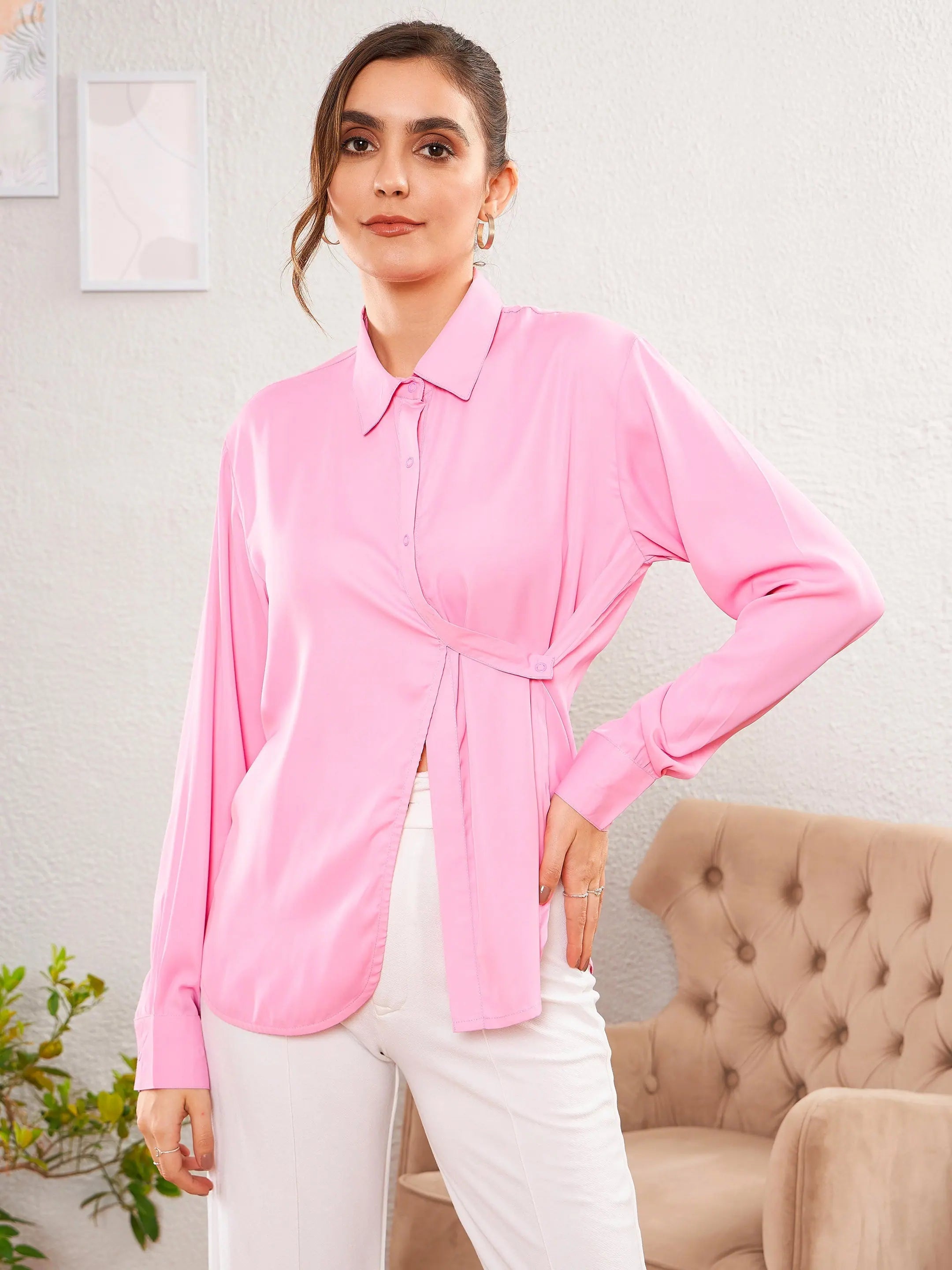 Women Pink Satin Turn-Down Collar Blouse Casual Button Blouse