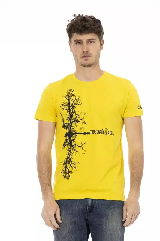 Yellow Cotton Men T-shirt-- Asymmetrical Pockets Print