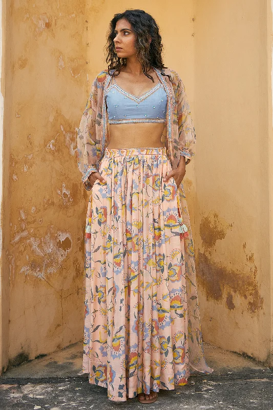 Vishudh Blouse Skirt And Overlay Set Of 3 Silky Draped Blouse