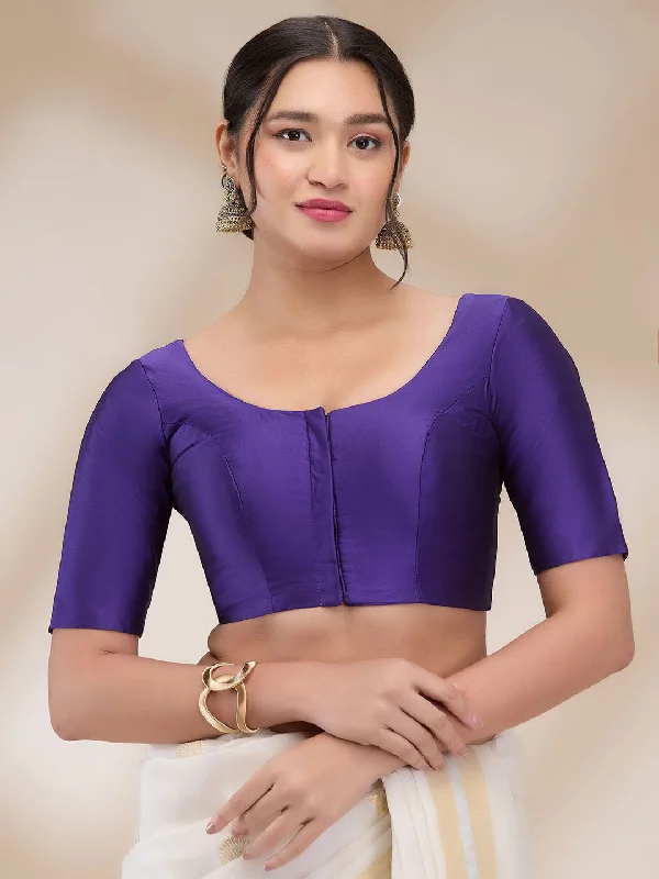 Purple Silk Blend Solid Half Sleeves Blouse Pleated Collar Blouse