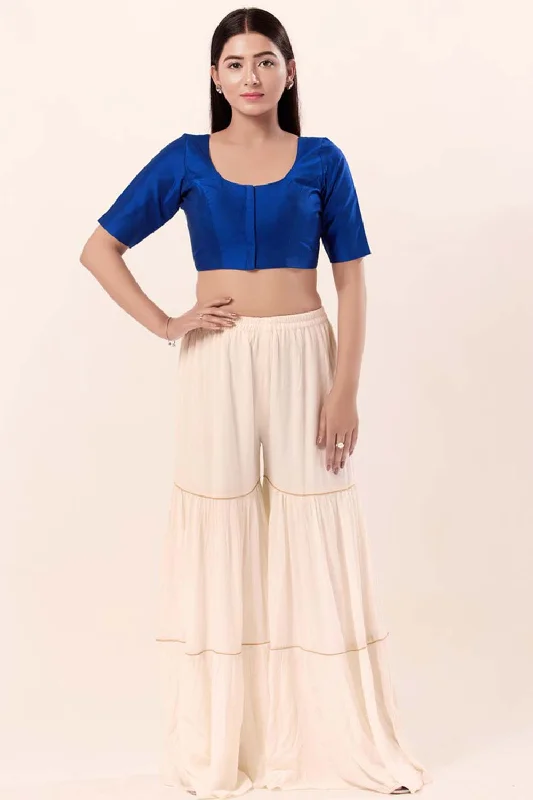 Royal Blue Brocade Round Neck Elbow Sleeves Blouse Floral Chiffon Blouse
