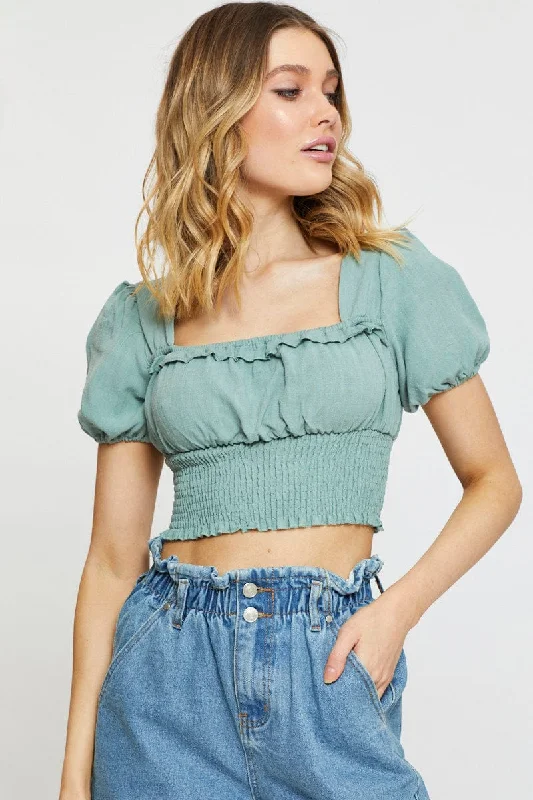 Green Crop Blouse Short Sleeve Double-Layered Blouse