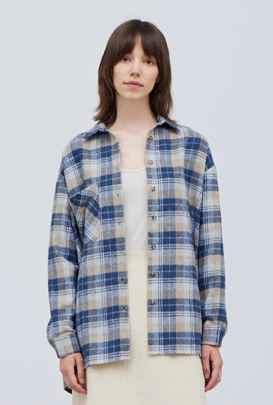 Brushed Flannel Plaid Oversized Shirt-- Fleece Nylon Spandex