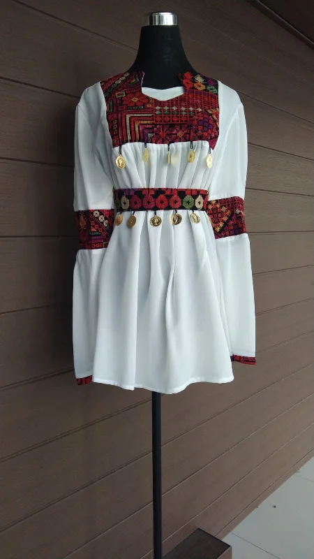 White elegant blouse with colorful embroidery and stylish coins Embroidered Floral Blouse