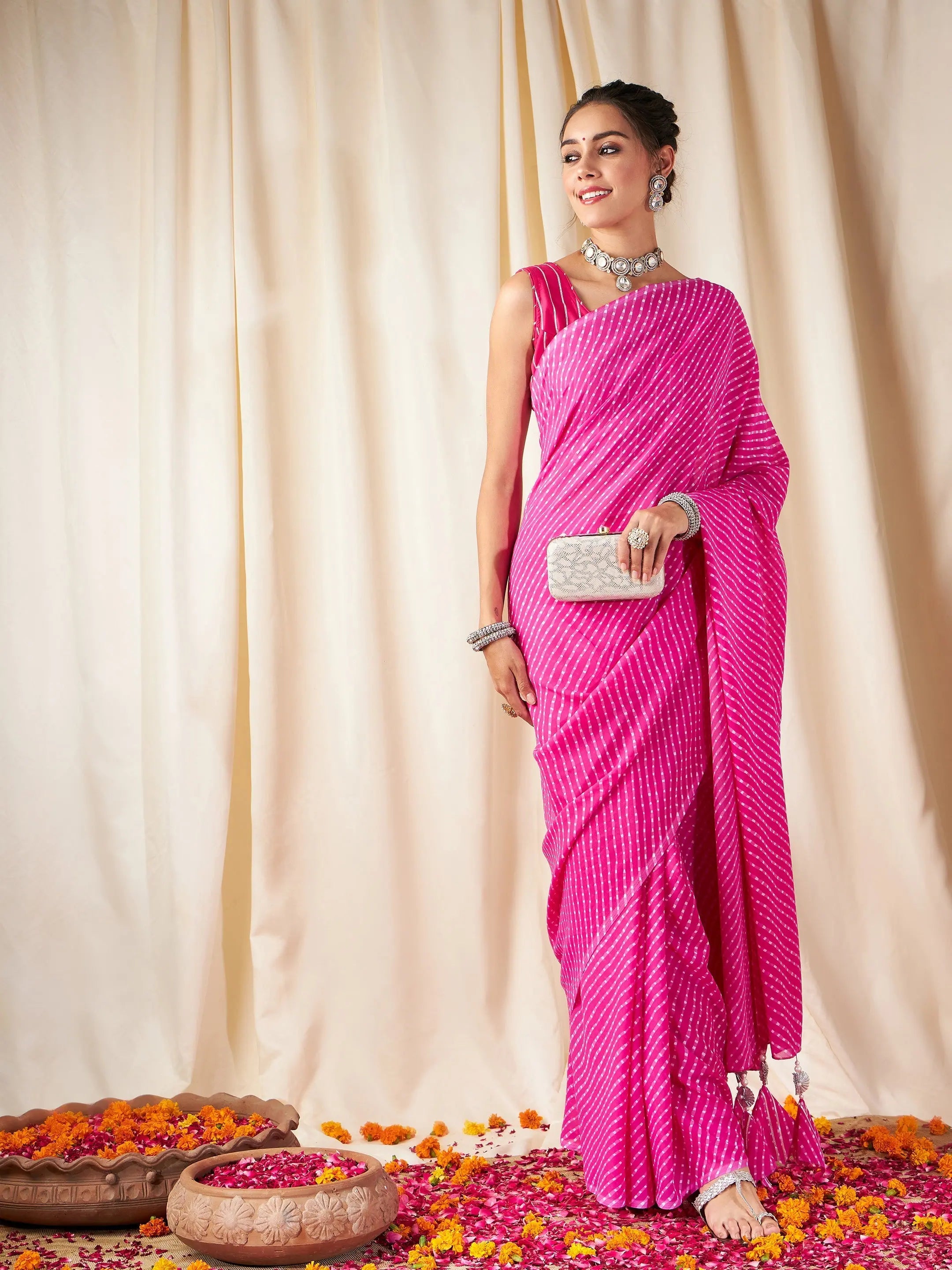 Women Pink Lehariya Saree With Unstitched Gota Blouse Slim Fit Blouse