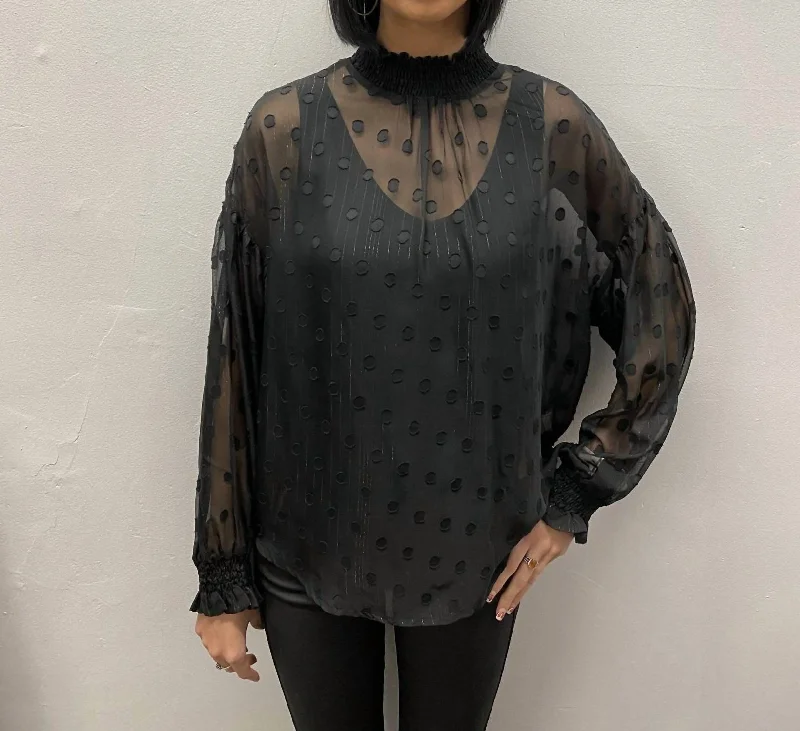 Polka Dot Sheer Blouse In Black Stretchy Fitted Blouse
