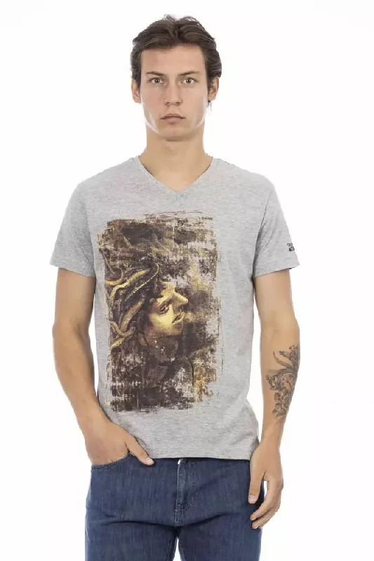 Gray Cotton Men T-shirt-- Print Jacquard Patchwork