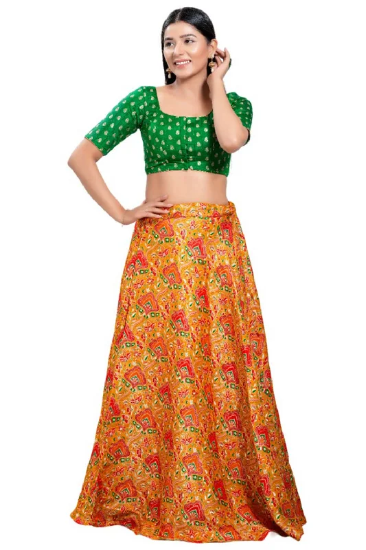 Green Brocade Round Neck Elbow Sleeves Blouse Lightweight Floral Blouse
