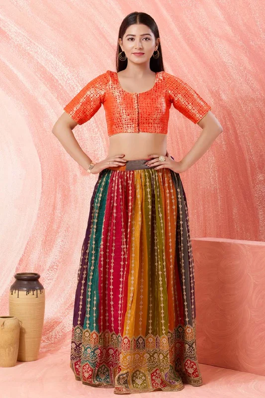 Orange Brocade Round Neck Elbow Sleeves Blouse Lightweight Floral Blouse