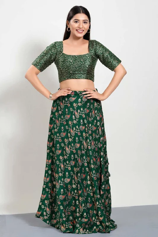 Bottle Green Brocade Square Neck Elbow Sleeves Blouse Satin Drape Blouse