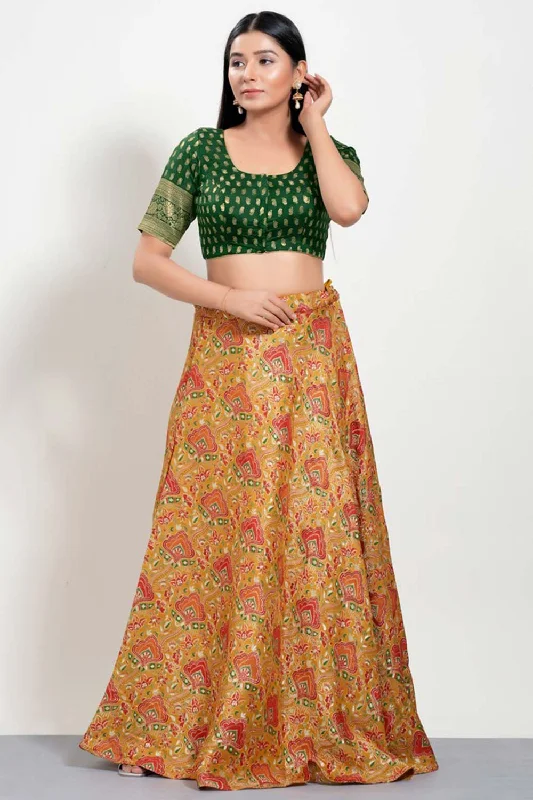 Bottle Green Brocade Round Neck Elbow Sleeves Blouse Frilled Cuff Blouse